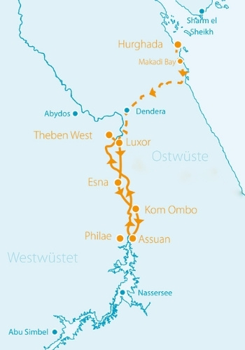 Karte von Nilkreuzfahrt mit Ablauf